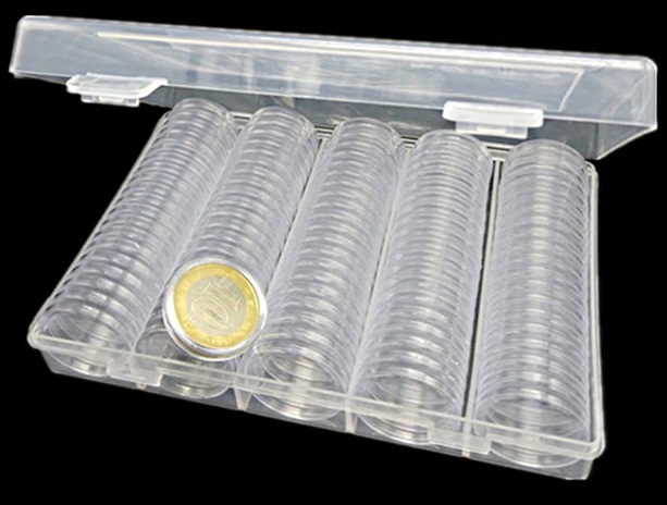 Контейнер с пластиковыми капсулами для 100 монет Ф 27мм
