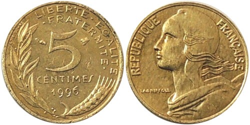 Монеты Франции 5, 10, 20 сантимов, Евро номинал 1, 2