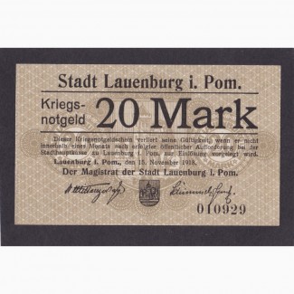 20 марок 1918г. 010929. Лауэнбург. Германия. Пресс