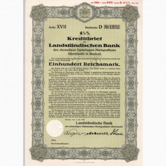 100 рейхсмарок, 1939г. Банк Верхнелужицкого Маркграфства. D 1852. Германия