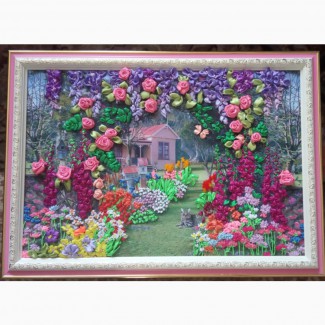 Картина вышитая лентами Цветочный сад
