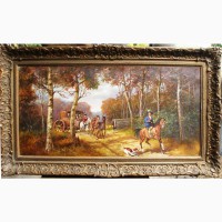 Продам антикварную живопись Лесной пейзаж с каретой