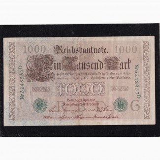 1000 марок 1910г. 6248957 D. Зеленая печать. Германия