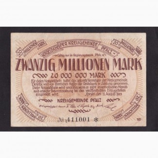 20 000 000 марок 1923г. Пфальц. 385093. Германия
