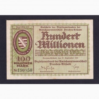 100 000 000 марок 1923г. Дрезден. 190950. Германия