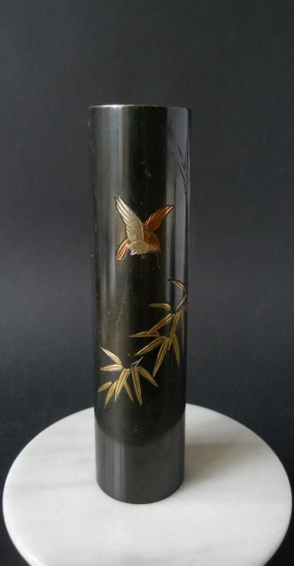 Японская винтажная ваза из смешанного металла-птичка, бамбук