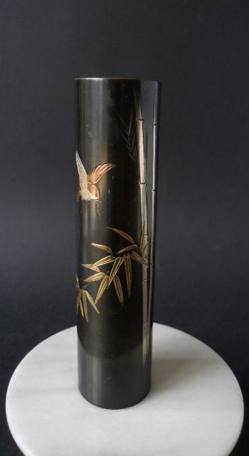 Фото 2. Японская винтажная ваза из смешанного металла-птичка, бамбук