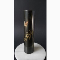 Японская винтажная ваза из смешанного металла-птичка, бамбук