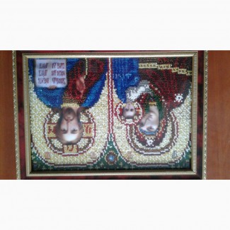 Икона Присвятой Богородици с ребенкои и Исус, вышиты бисером