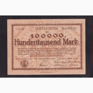 100 000 марок 1923г. А 190722. Бонн. Германия