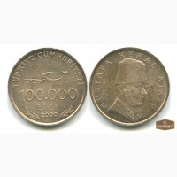 Монета номиналом в 100.000 лир выпущенную в честь 75-летия Турецкой республики