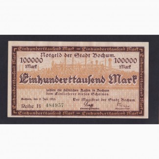 100 000 марок 1923г. Бохум. В 484957. Германия