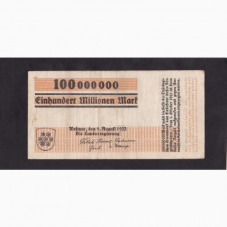 100 000 000 марок 1923г Тюрингия. В 11000. Германия