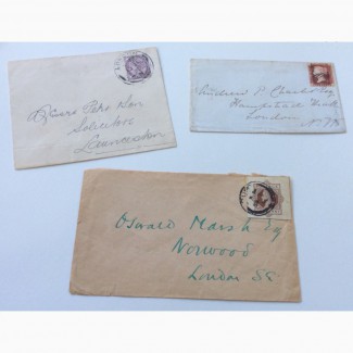 3 почтовых конверта (с красным и сиреневым пенни) 19 век Англия